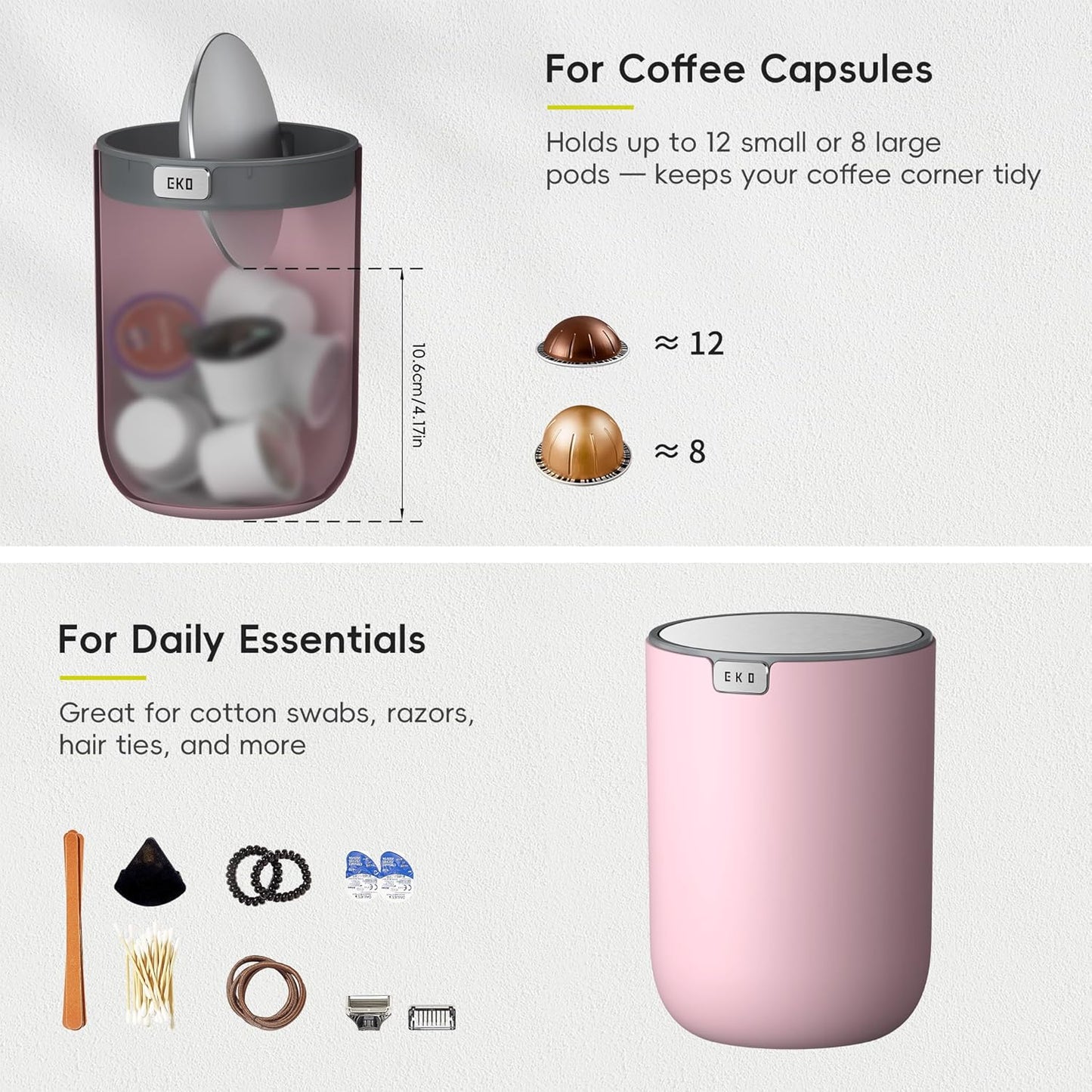 EKO Mini Desk Trash Can with Swing-Top Lid 0.4 Gallon Small Table Round Wastebasket for Office, Home, Car (Pink)