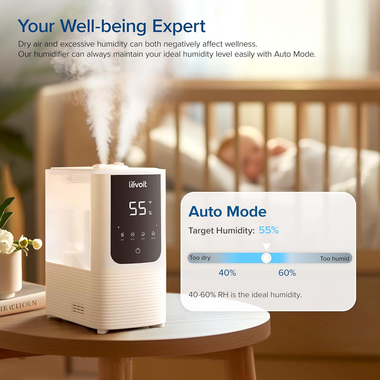 NEW - LEVOIT Humidifiers for Bedroom Home, Smart Warm and Cool Mist Air Humidifier for Large Room, Auto Customized Humidity, Fast Symptom Relief, Easy Top Fill, Essential Oil, Quiet, OasisMist4.5L, White