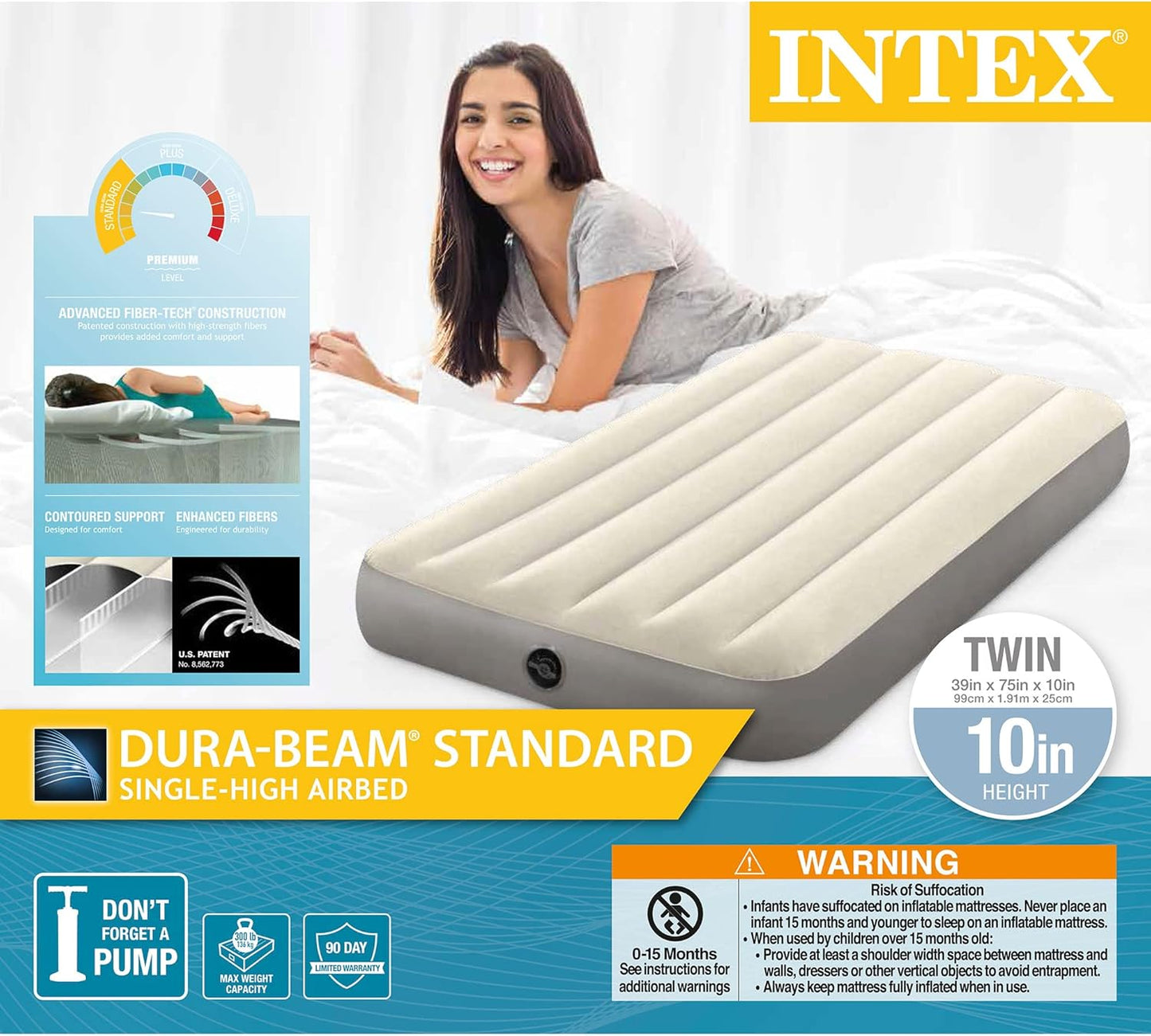 Intex 64101E Dura-Beam Standard Single-High Air Mattress: Fiber-Tech – Twin Size – 10in Bed Height – 300lb Weight Capacity – Pump Sold Separately