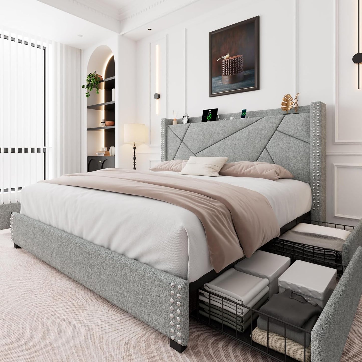 Feonase Full Size Bed Frame with 4 Storage Drawers, Upholstered Platform Bed with Charging Station & Wingback Headboard, Solid Wood Slats Support, No Box Spring Needed, Noise-Free, Light Gray