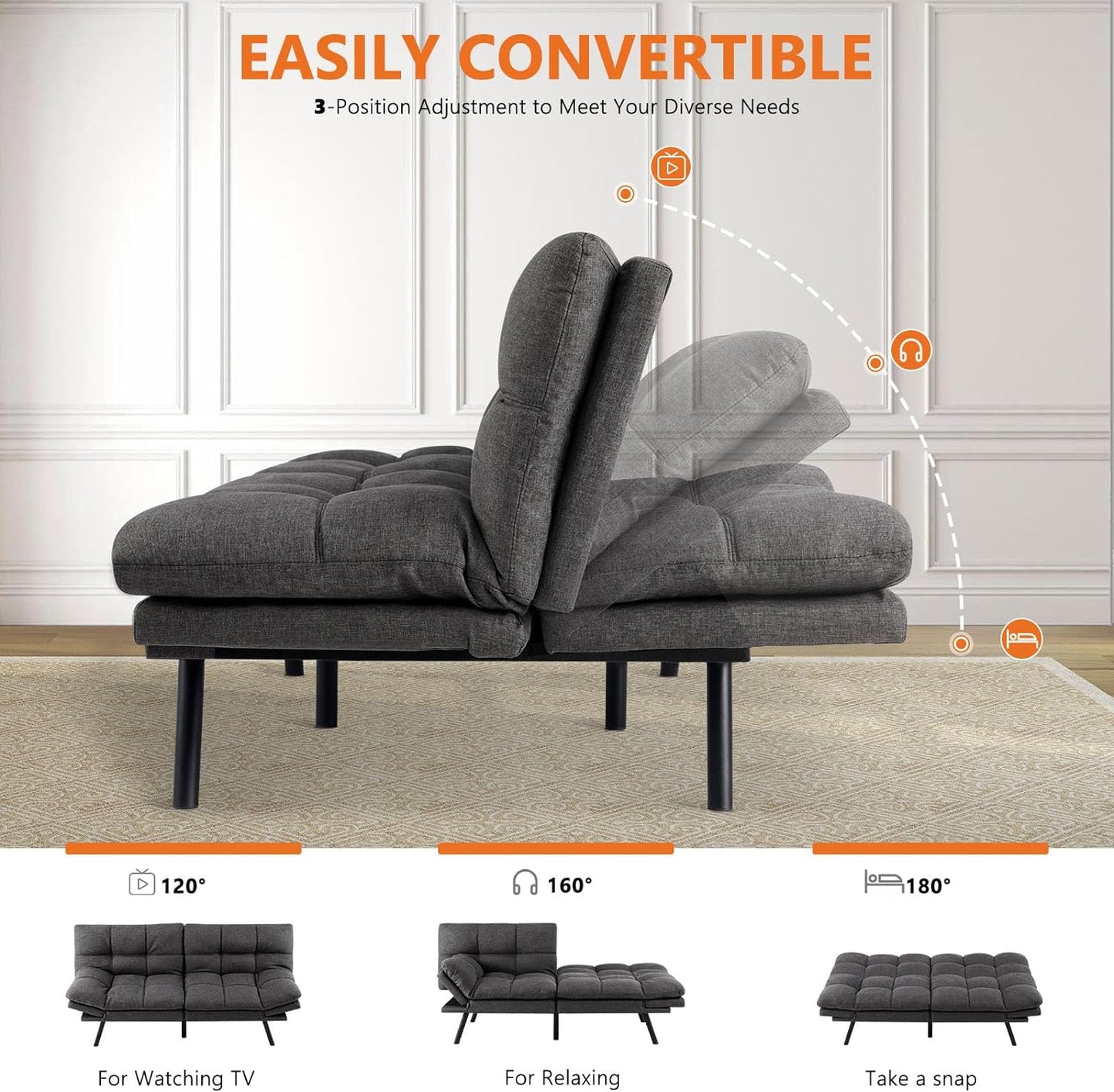 NEW - Sweetcrispy Sofa Bed Couch, Loveseat Sleeper Futon for Living Room, Foldable Memory Foam Furniture, Convertible Full Size Sofa, Adjustable Backrest and Armrests,Linen, Grey - Retail $291