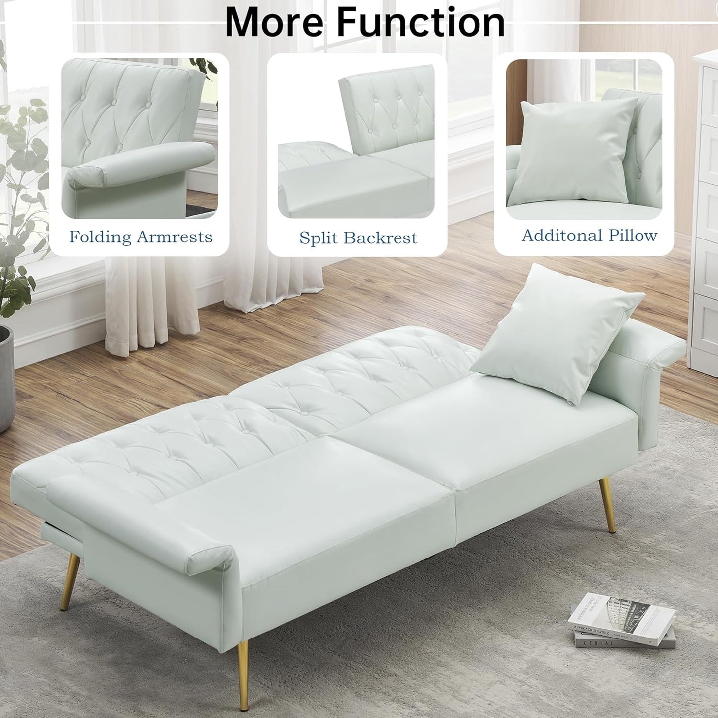 NEW - Elevon Futon Couch, Convertible Futon Sofa Bed, Faux Leather Folding Recliner Sleeper, Modern Lounge Sofa with Adjustable Armrests and Pillow for Living Room, Small Space, Office, Apartment, White - Retail $270