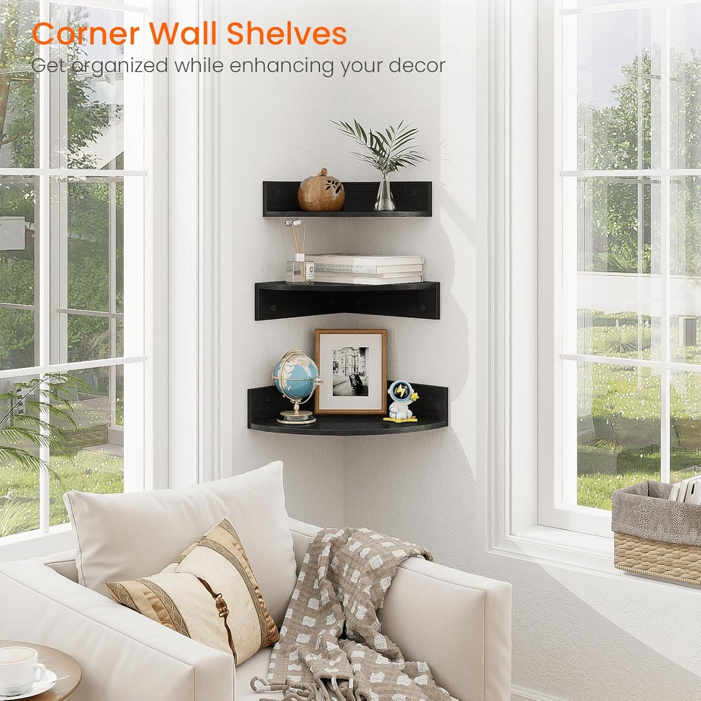 Homode Black Corner Floating Shelves, Set of 3 Corner Shelves Wall Mounted with Cable Hole