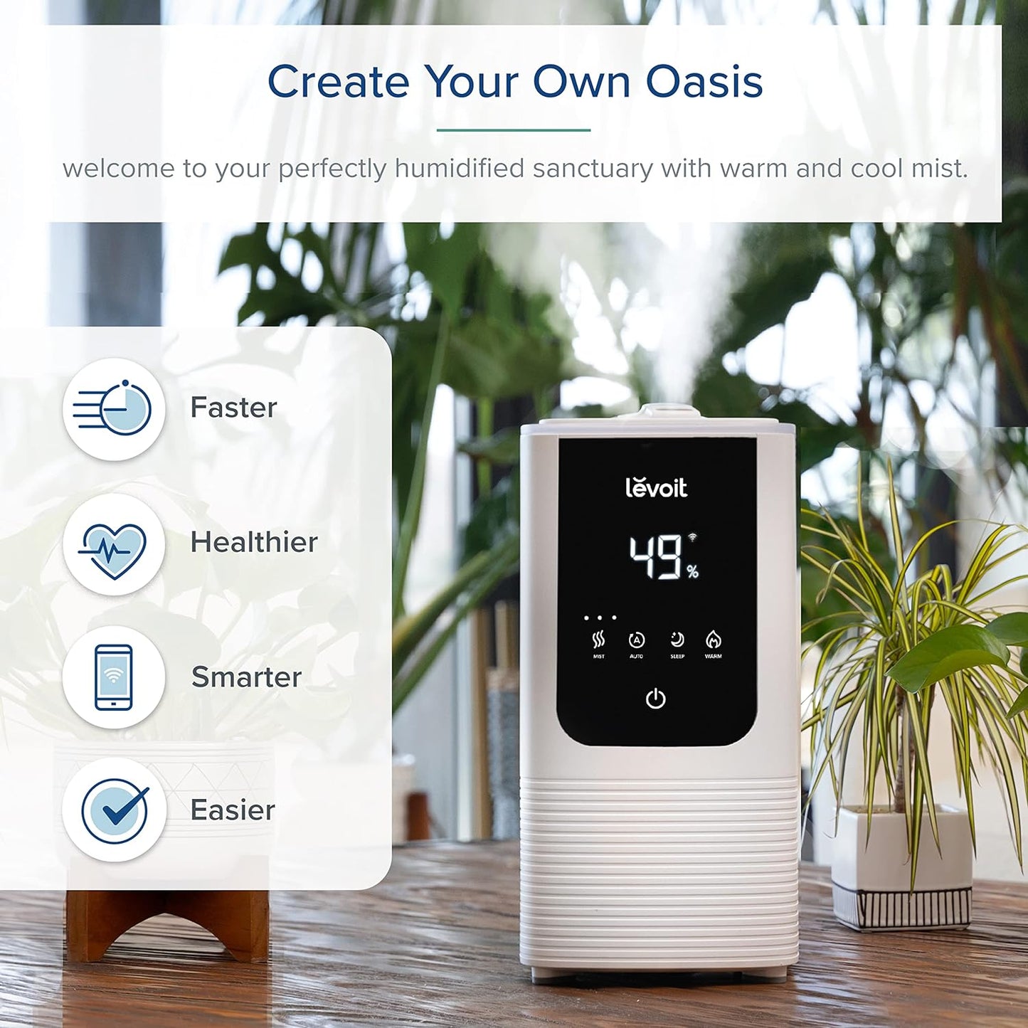 NEW - LEVOIT Humidifiers for Bedroom Home, Smart Warm and Cool Mist Air Humidifier for Large Room, Auto Customized Humidity, Fast Symptom Relief, Easy Top Fill, Essential Oil, Quiet, OasisMist4.5L, White