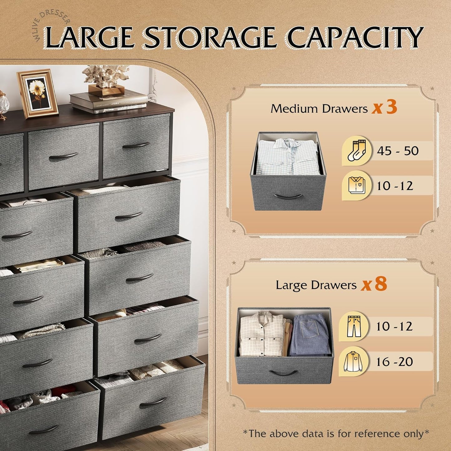 NEW - WLIVE 11-Drawer Dresser, Fabric Storage Tower for Bedroom, Hallway, Closets, Tall Chest Organizer Unit with Textured Print Fabric Bins, Steel Frame, Wood Top, Easy Pull Handle, Dark Grey - Retail $93