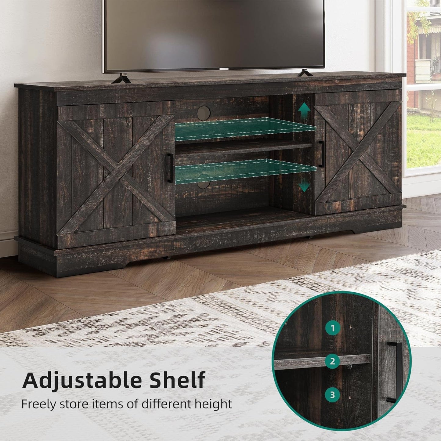 YITAHOME TV Console for 65 Inch TV, Farmhouse TV Stand with Double Barn Doors and Storage Cabinets, Mid Century Modern Media Console Table TV Cabinet for Living Room, 59 Inches, Grey White/Espresso