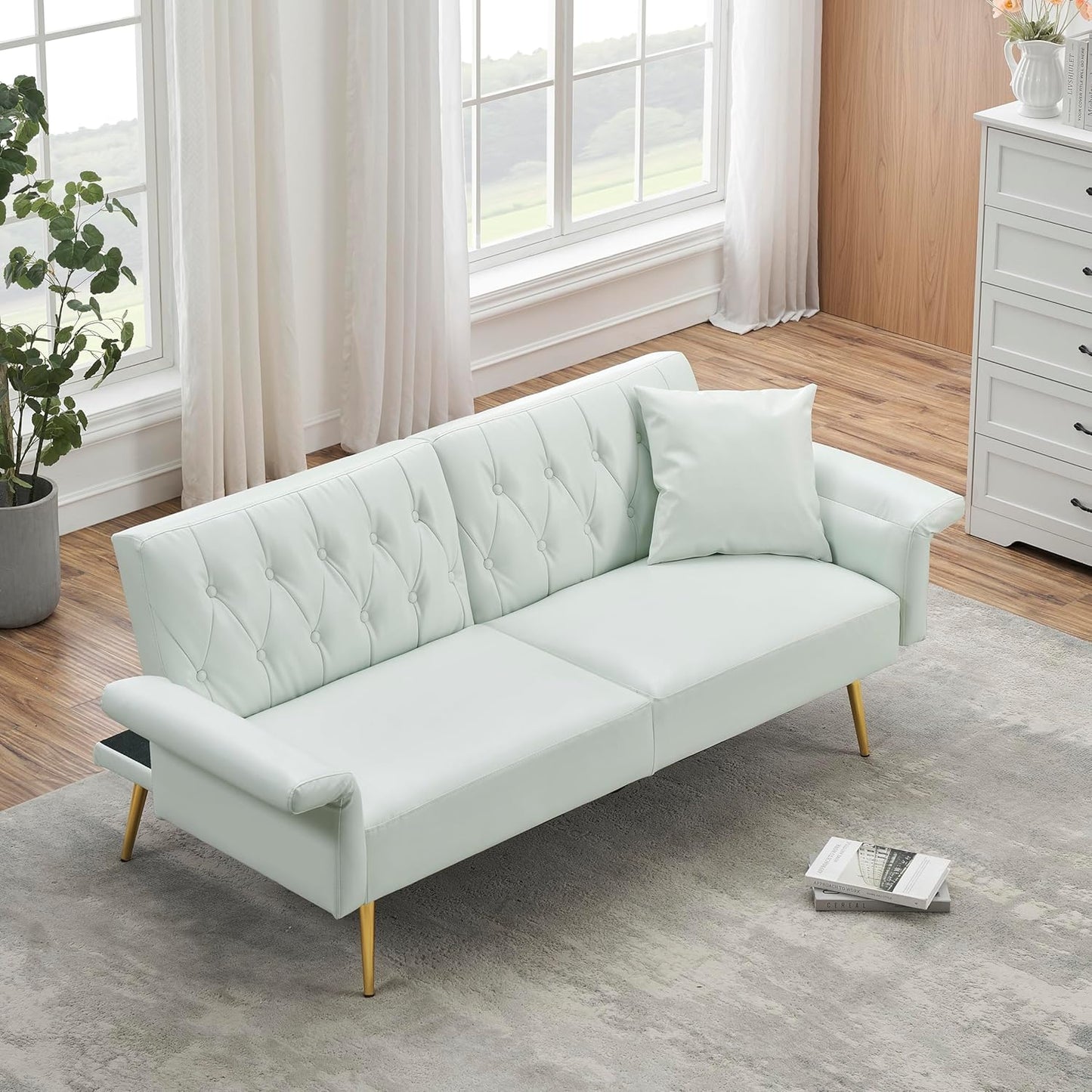 NEW - Elevon Futon Couch, Convertible Futon Sofa Bed, Faux Leather Folding Recliner Sleeper, Modern Lounge Sofa with Adjustable Armrests and Pillow for Living Room, Small Space, Office, Apartment, White - Retail $270