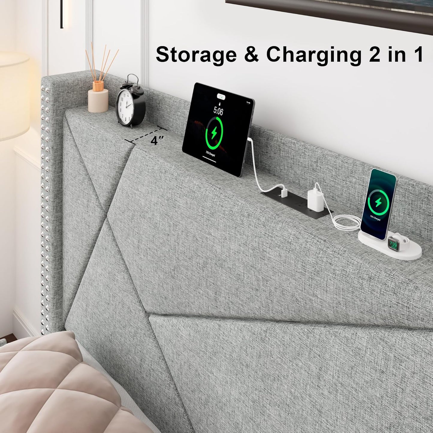 Feonase Full Size Bed Frame with 4 Storage Drawers, Upholstered Platform Bed with Charging Station & Wingback Headboard, Solid Wood Slats Support, No Box Spring Needed, Noise-Free, Light Gray