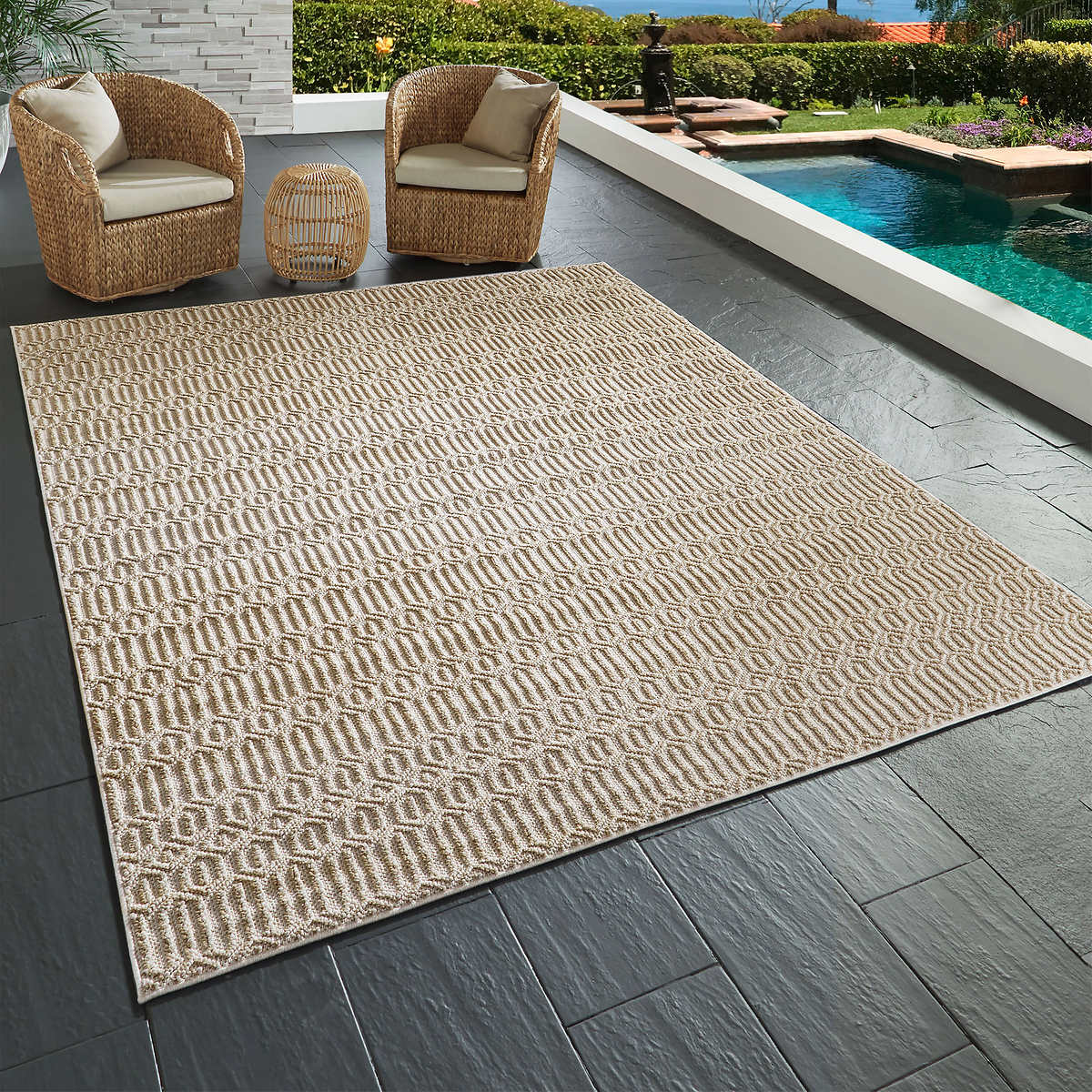 NEW - Costco - Nautica Greenwich Geometric Natural Indoor/Outdoor Area Rug, 7 ft. 10 in. x 10 ft. - Retail $249
