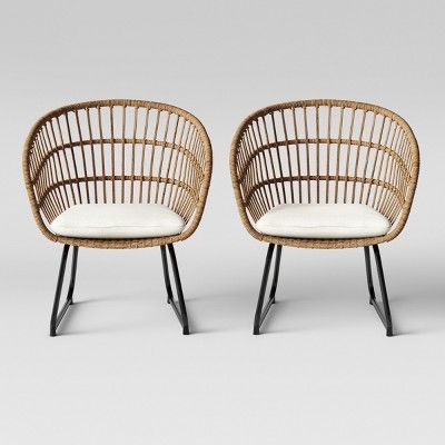 2pc Southport Linen Outdoor Patio Dining Chairs Arm Chairs Brown - Threshold: Weather-Resistant, Steel Frame, Beige Cushions