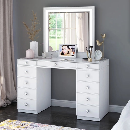 Tresanti Alexandra Double Pedestal Vanity Table with LED Lighted Mirror - Retail $599