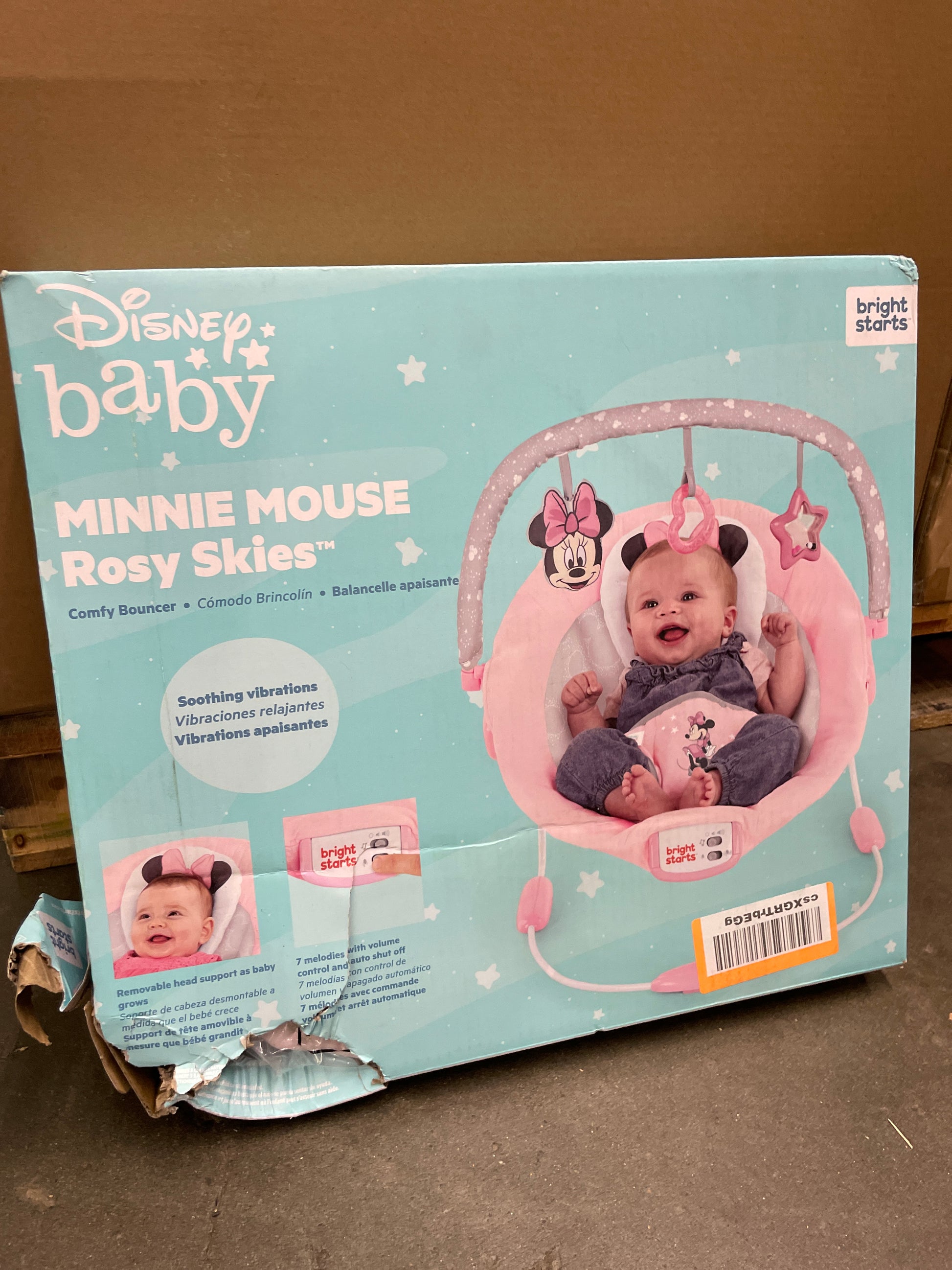 Bright Starts Disney Baby MINNIE MOUSE Comfy Baby Bouncer Soothing Vibrations Infant Seat - Music, Removable-Toy Bar, 0-6 Months Up to 20 lbs (Rosy Skies) - Retail $48