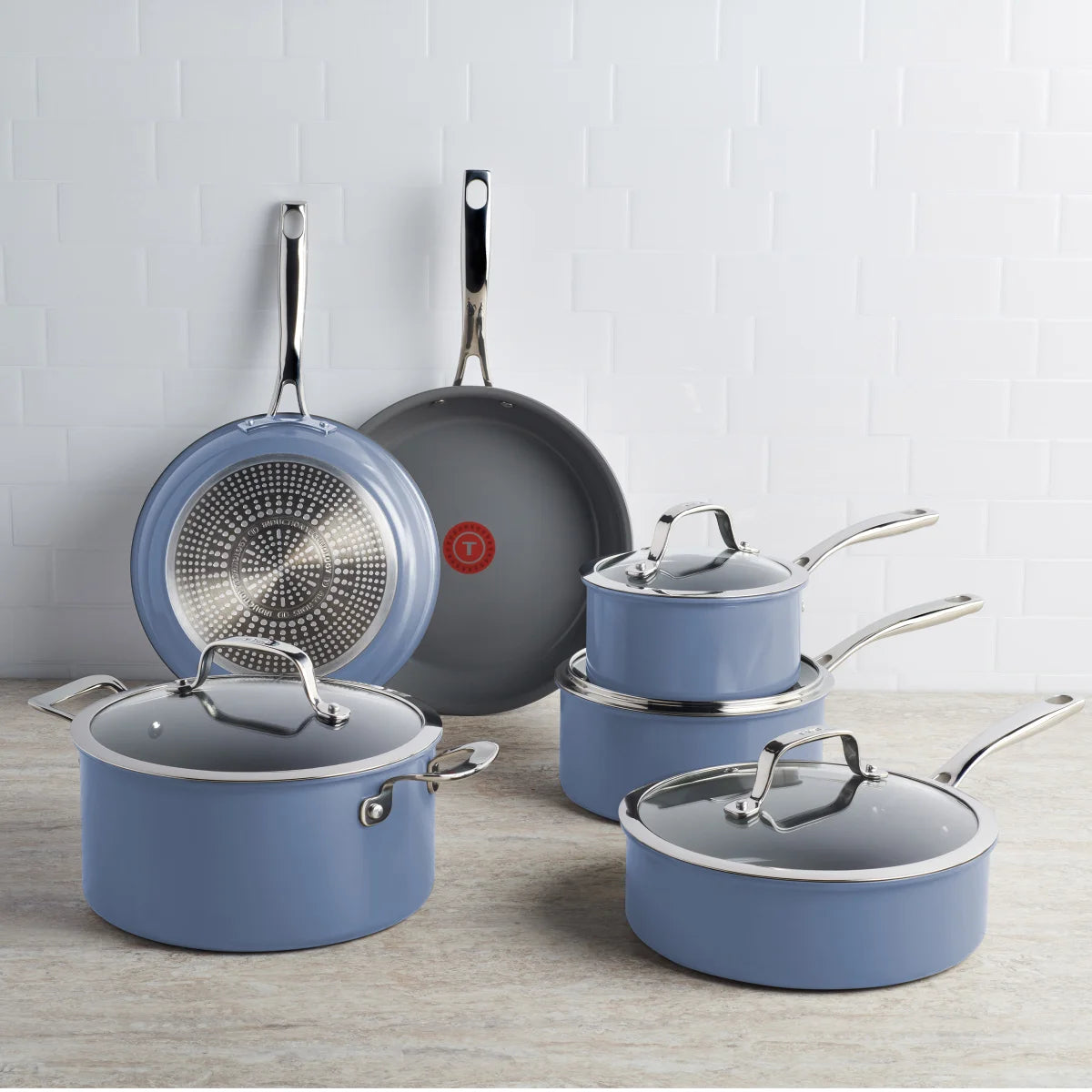 NEW - T-fal BLUE Excellence Ceramic Non-Stick Cookware Set, 10-Piece - Retail $149