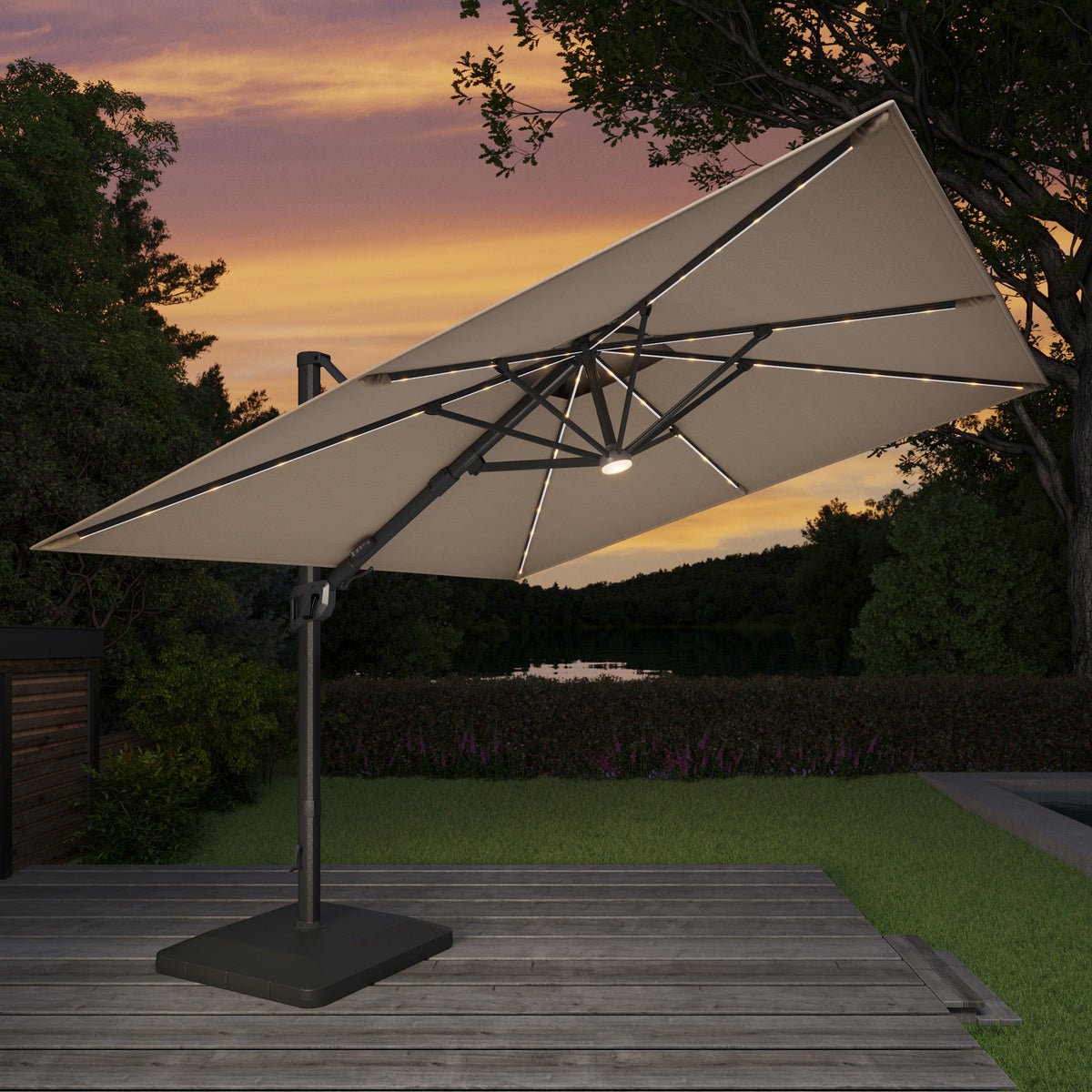Seasons Sentry Tan 10' Square 2-Tier Solar LED Aluminum Cantilever Umbrella With Base