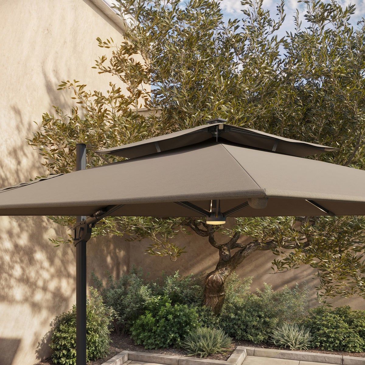 Seasons Sentry Tan 10' Square 2-Tier Solar LED Aluminum Cantilever Umbrella With Base