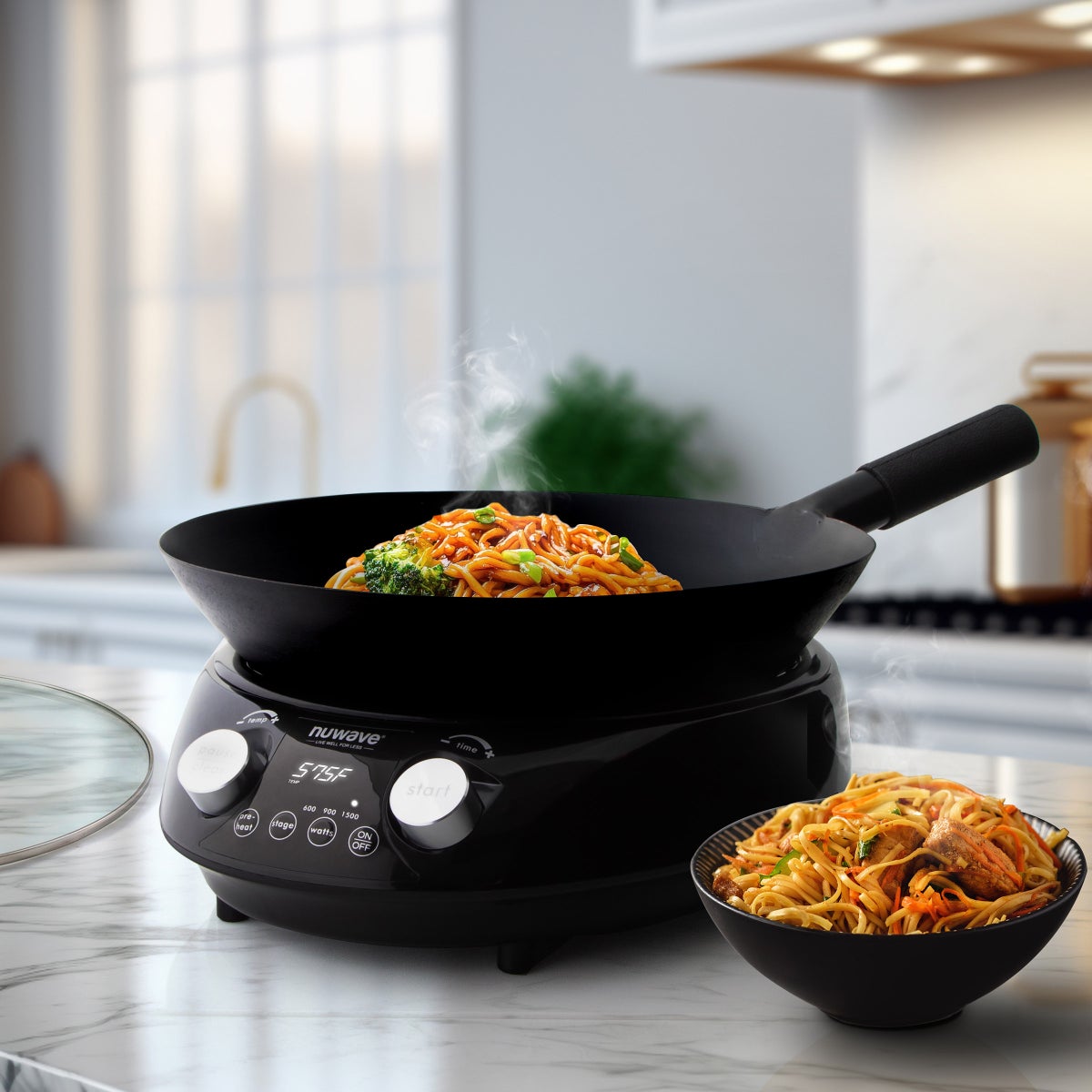 NEW - Nuwave Induction Hot Wok with 14" Carbon Steel Wok, Glass Lid & Stand