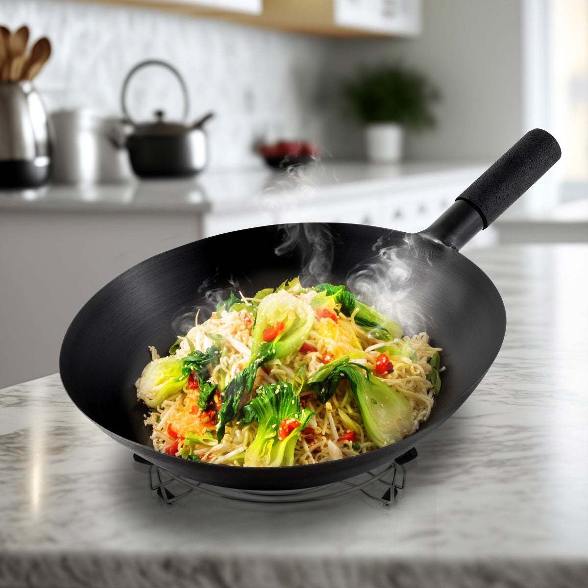 NEW - Nuwave Induction Hot Wok with 14" Carbon Steel Wok, Glass Lid & Stand