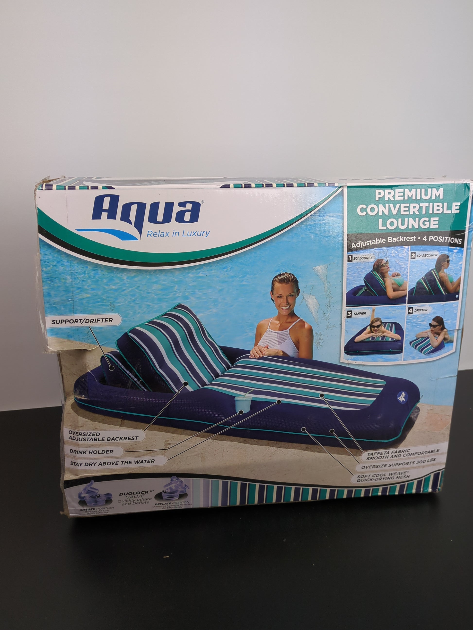 Aqua Premium Convertible Pool FloatÂ Â Lounge â€“ Extra Large â€“ Heavy Duty, Inflatable Pool Floats for Adults with Cupholder â€“ Navy/Green/White Stripe - Retail $82