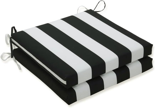 NEW - Pillow Perfect Stripe Indoor/Outdoor Square Corner Chair Seat Cushion with Ties, Plush Fiber Fill, Weather, and Fade Resistant, 20" x 20", Black/White Cabana Stripe, 2 Count - Retail $76