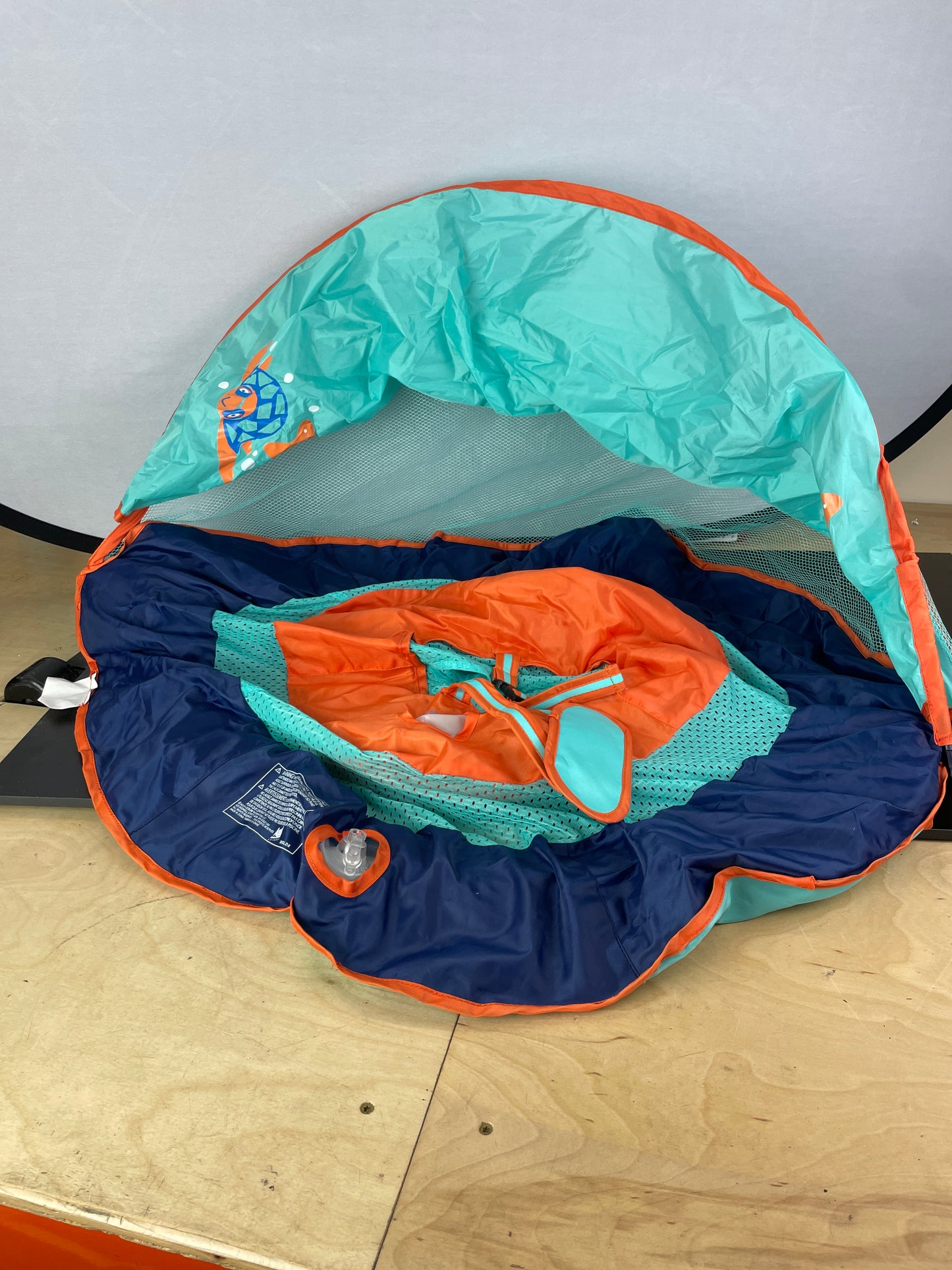 SwimSchool Infant Baby Pool Float with Splash & Play Activity Toys, Adjustable Sun Canopy, Safety Seat, Infant Baby Floatie, 6 - 24 Months- Seafoam/Orange - Retail $25