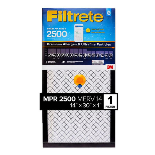 NEW - Filtrete 14-in W x 30-in L x 1-in MERV 14 2500 Smart Premium Allergen and Ultrafine Particle Electrostatic Pleated Air Filter- Retail $46NEW -