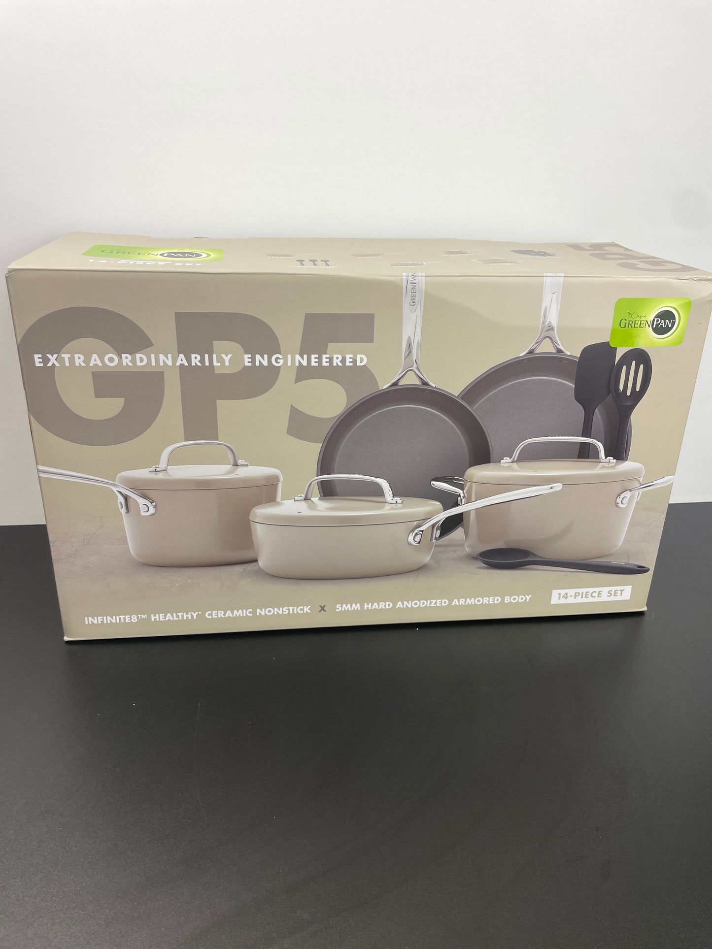 GreenPan GP5 Hard Anodized Healthy Ceramic Nonstick 14 Piece Cookware Pots and Pans Set,Heavy Gauge Scratch Resistant,Stay-Flat Surface, Induction, Mirror Finish Handle,Oven Safe,PFAS-Free,Taupe - Retail $479