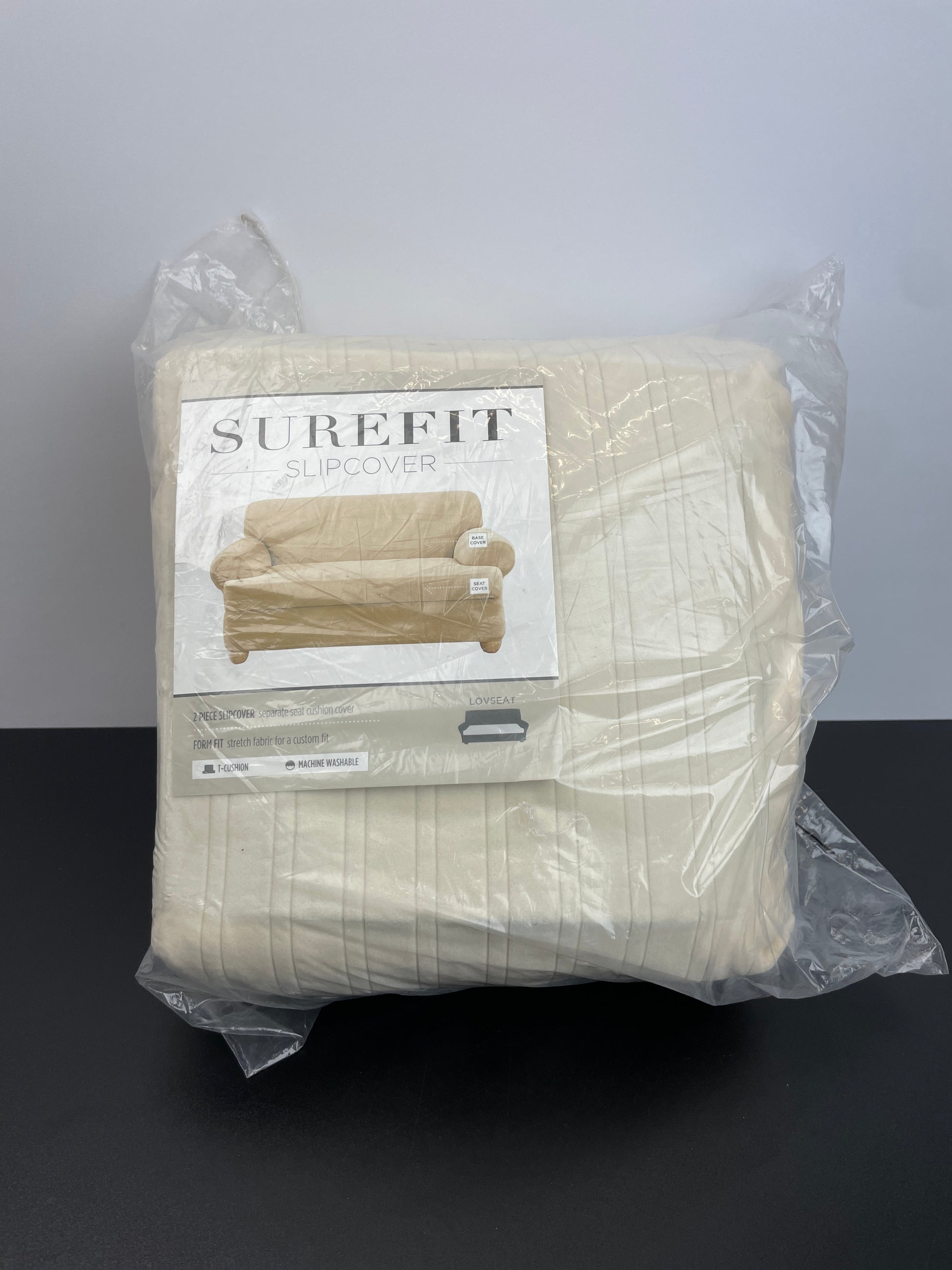 SureFit Stretch Pinstripe 2 Piece T Cushion Loveseat Slipcover in Cream - Retail $78