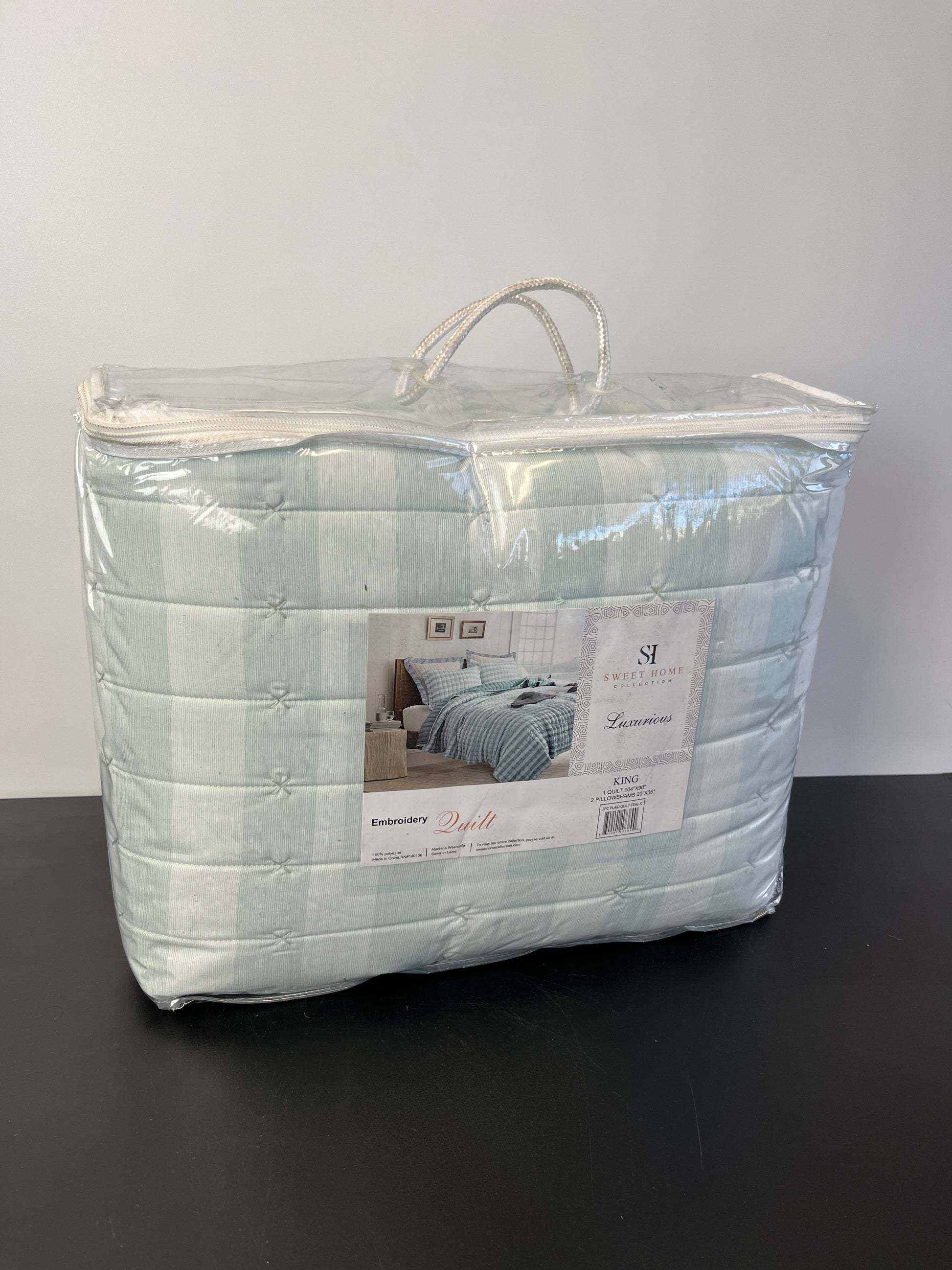 Sweet Home Collection Quilt Sets Prewashed Checkered Plaid Embroidered Vintage Soft and Luxurious Bedding with Pillow Shams, Teal, King - Retail $64