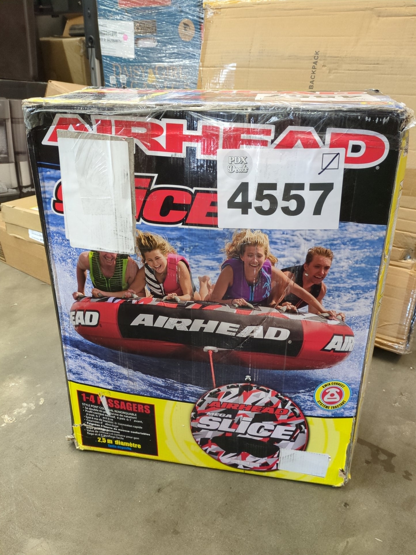 Airhead Mega Slice Towable 1-4 Rider Tube for Boating and Water Sports, Heavy Duty Full Nylon Cover with Zipper, EVA Foam Pads, and Patented Speed Safety Valve for Easy Inflating & Deflating - Retail $249