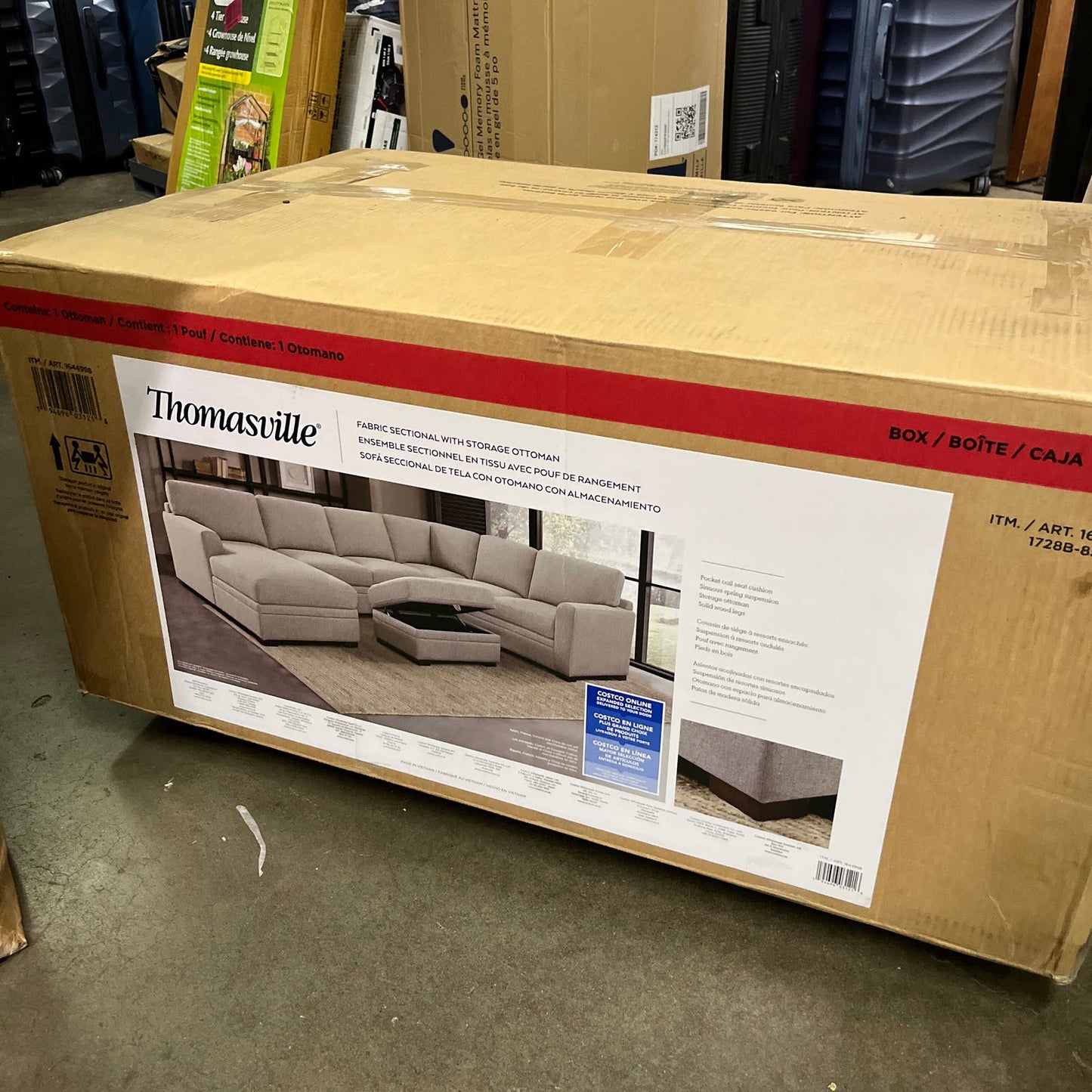 IN BOX - Costco - Thomasville Langdon Fabric Sectional with Storage Ottoman - Retail $1999