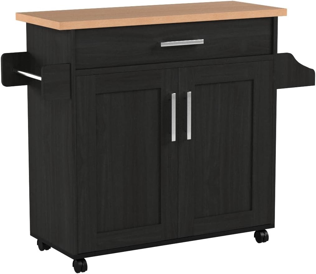 Like NEW - Hodedah Kitchen Island with Spice Rack, Towel Rack & Drawer, Black with Beech Top - Retail $95