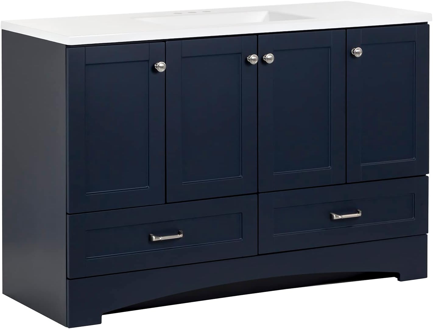 NEW - Spring Mill Cabinets Emlyn Bathroom Vanity with 3 Cabinets, 2 Shelves, 2 Drawers, and White Sink Top, 48.25" W x 18.75" D x 32.89" H, Deep Blue - Retail $662