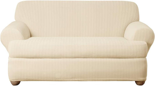 NEW - SureFit Stretch Pinstripe 2 Piece T Cushion Loveseat Slipcover in Cream - Retail $90