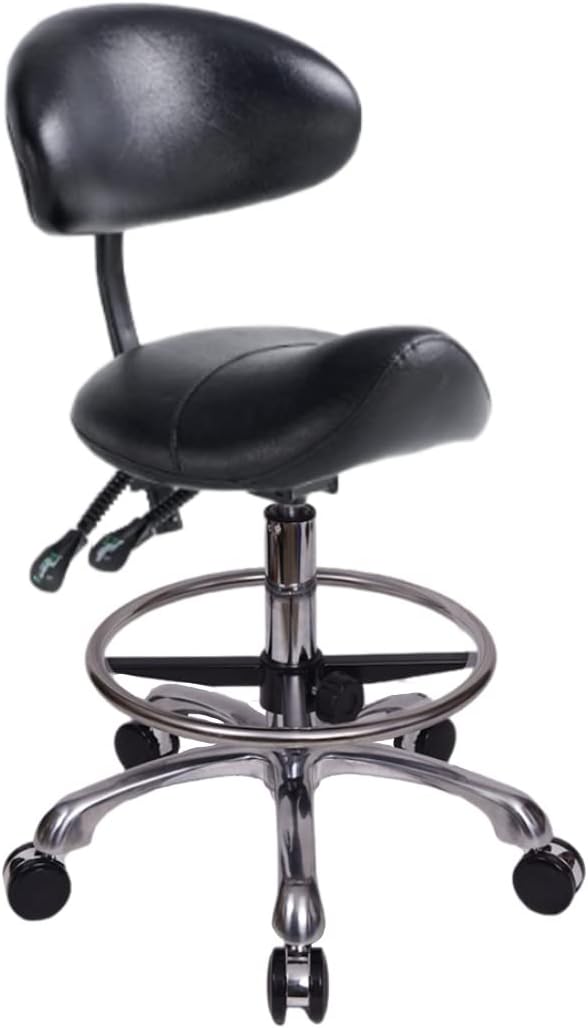 NEW - Saddle Stool Chair with Backrest and Foot Ring, Ergonomic Rolling Esthetician Seat for Salon, Tattoo Shop, Spa, Facial lash Home, Dentist Clinic, Esthetician Chair, Black - Retail $158