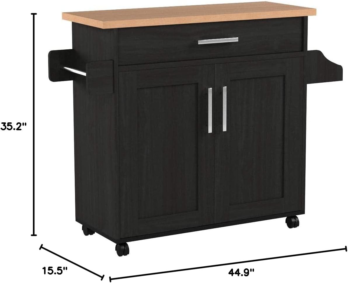Like NEW - Hodedah Kitchen Island with Spice Rack, Towel Rack & Drawer, Black with Beech Top - Retail $95