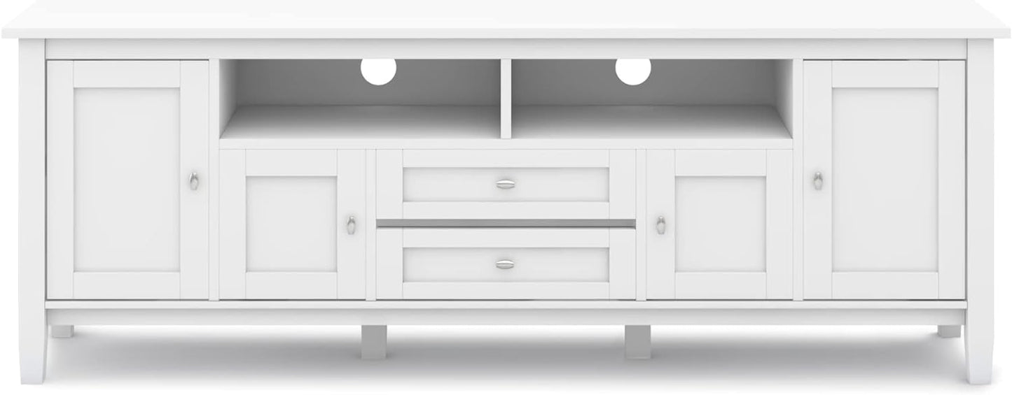 NEW - SIMPLIHOME Warm Shaker SOLID WOOD Universal TV Media Stand, 72 inch Wide, Farmhouse Rustic, Living Room Entertainment Center, Storage Shelves and Cabinets, for Flat Screen TVs up to 80 inches in White - Retail $539