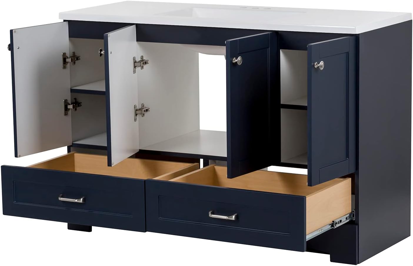 NEW - Spring Mill Cabinets Emlyn Bathroom Vanity with 3 Cabinets, 2 Shelves, 2 Drawers, and White Sink Top, 48.25" W x 18.75" D x 32.89" H, Deep Blue - Retail $662