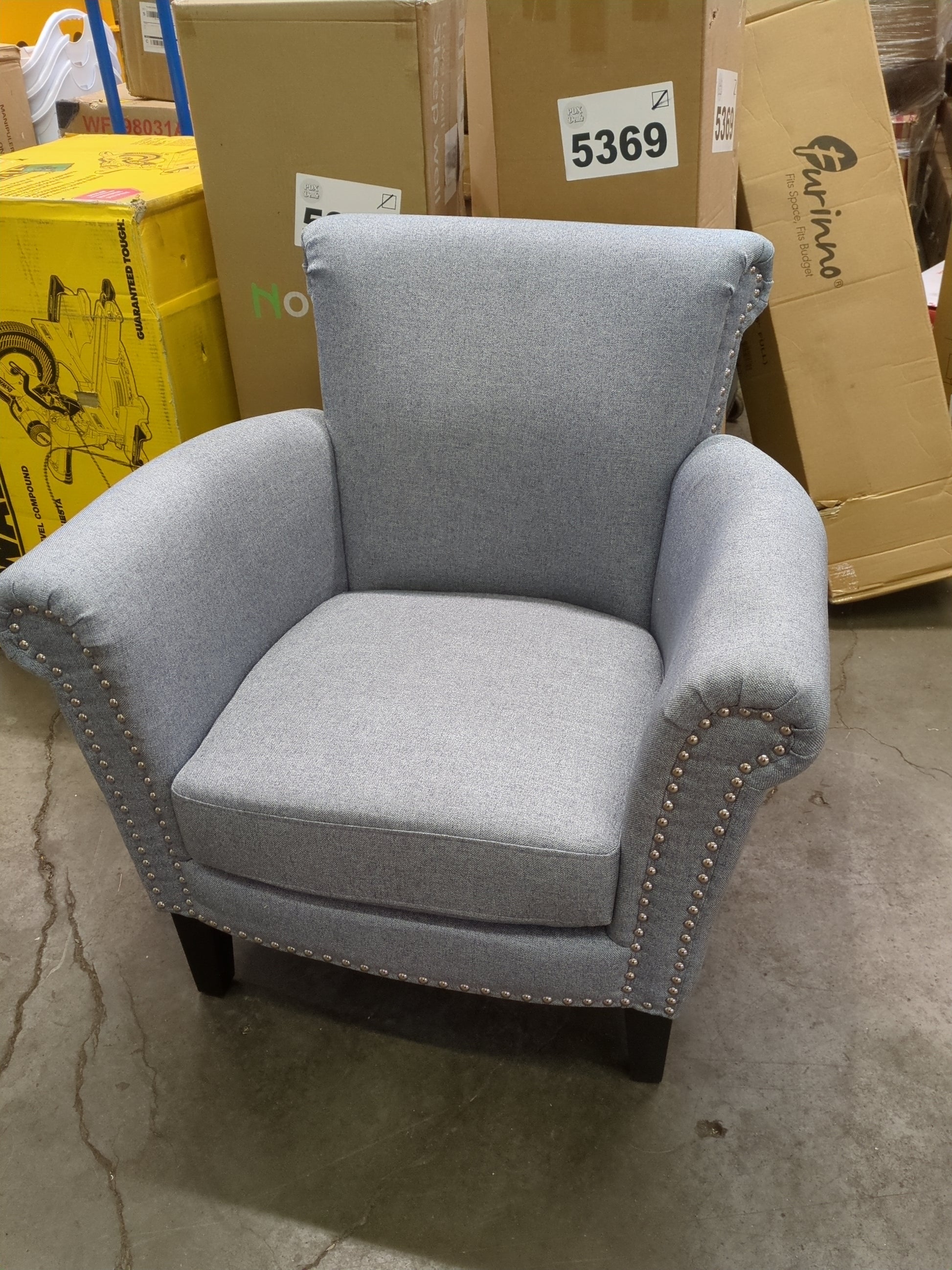 Christopher Knight Home Brice Vintage Scroll Arm Studded Fabric Club Chair, Steel Blue / Dark Brown - Retail $269