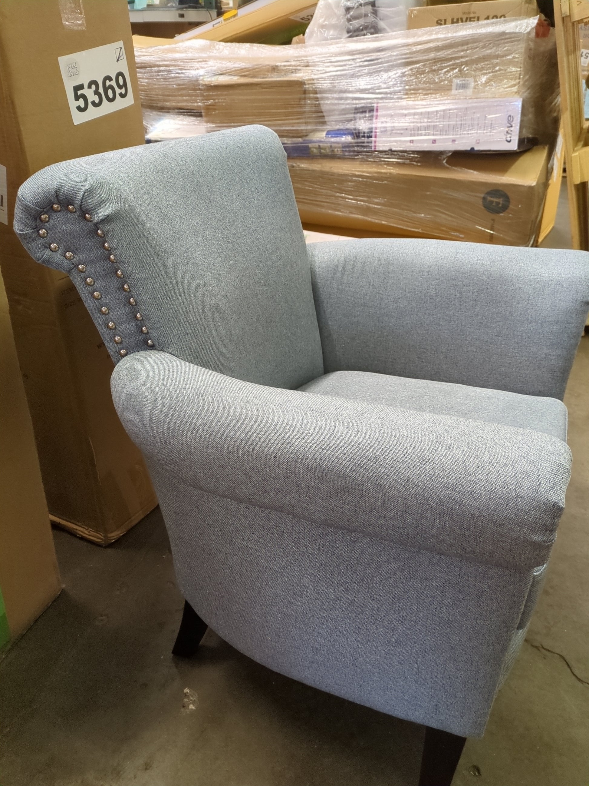 Christopher Knight Home Brice Vintage Scroll Arm Studded Fabric Club Chair, Steel Blue / Dark Brown - Retail $269