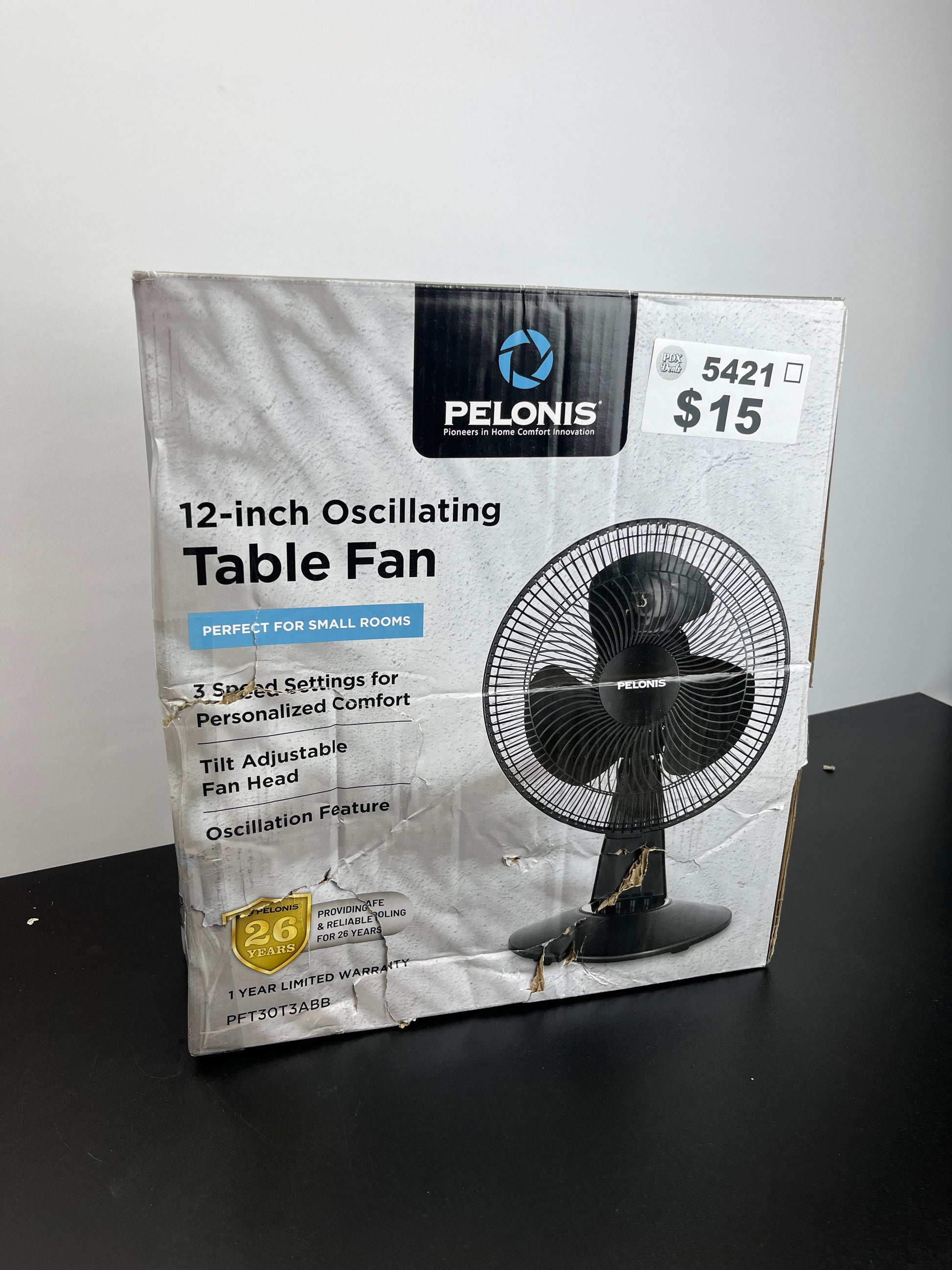 PELONIS Table Fan 12-Inch Oscillating Table Fan Small Portable Electric Plug-In Desk Fan 3-Speeds Adjustable Tilt Head for Bedroom and Office Black - Retail $24