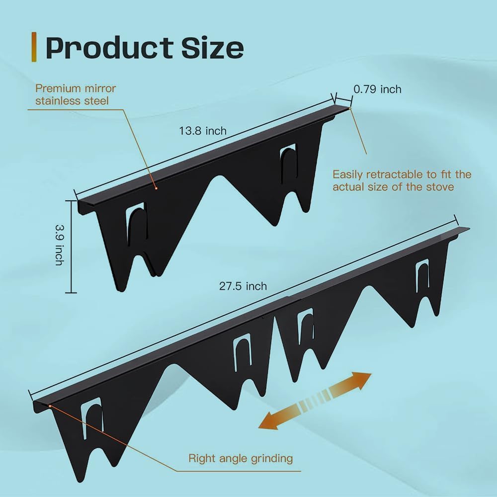 Quimoy 2Pcs Stove Gap Covers Stainless Steel,Stove Gap Filler,Stove Guard for Gas Stove,Heat Resistant Stove Counter Gap Cover,Easy to Clean Range Trim Kit,Adjustable Length 13.8" to 27.5"