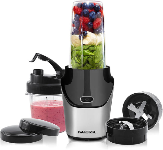 Kalorik Bullet Blender Set (34 oz /15.2 oz) High-Speed Portable Fitness Blender Set with Personal Blending Cup, Grinding Cup, Seal Lids, & To-Go Lid, 1000W, Black & Stainless Steel, NBL 45545 OW - Retail $69