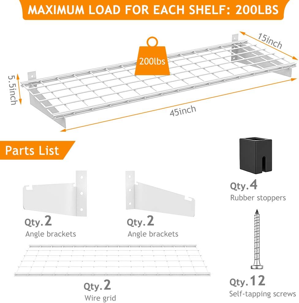 NEW - Wallmaster 2-Pack 15x45 Heavy Duty Garage Wall Shelving 45-inch-by-15-inch Wall Mount Garage Storage Rack Floating Shelves Max Load 400lb White - Retail $90