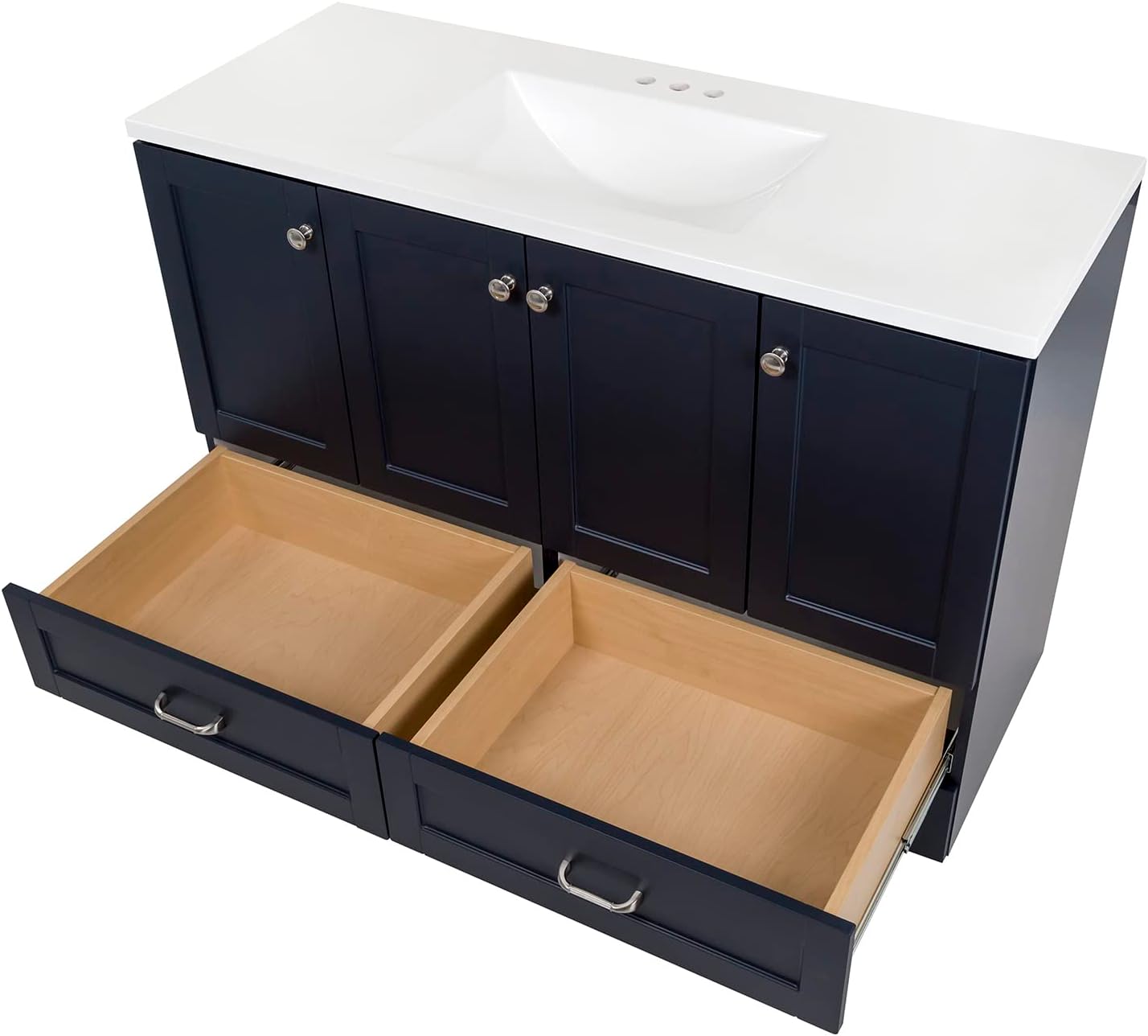 NEW - Spring Mill Cabinets Emlyn Bathroom Vanity with 3 Cabinets, 2 Shelves, 2 Drawers, and White Sink Top, 48.25" W x 18.75" D x 32.89" H, Deep Blue - Retail $662