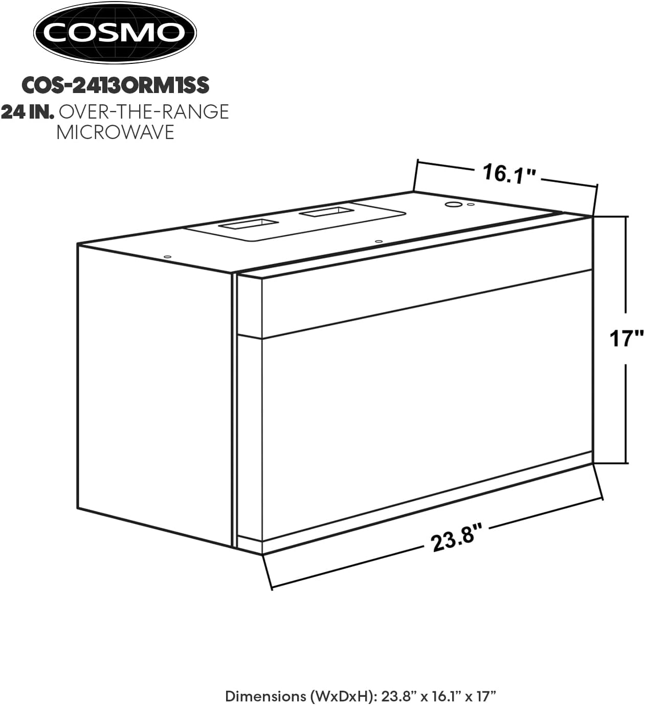 NEW - COSMO COS-2413ORM1SS Over the Range Microwave Oven with Vent Fan, 1.34 cu. ft. Capacity, 1000W, 24 inch, Black / Stainless Steel - Retail $287