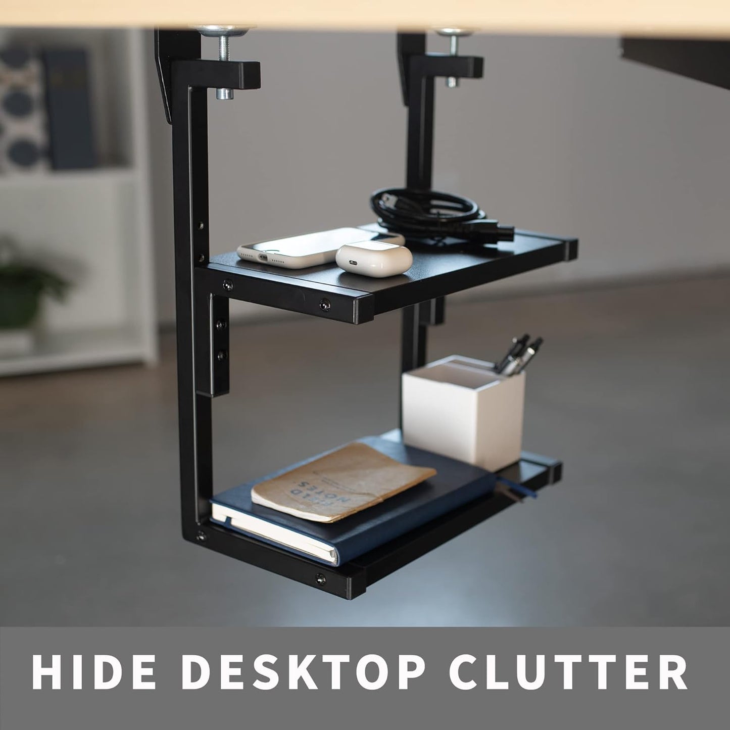 VIVO Clamp-on 13 inch Above or Below Desk 2-Tier Shelving Unit for Table Accessories, Gaming Devices, and More, Storage Tray, Desktop Organizer, Black, STAND-SHELF2C - Retail $40