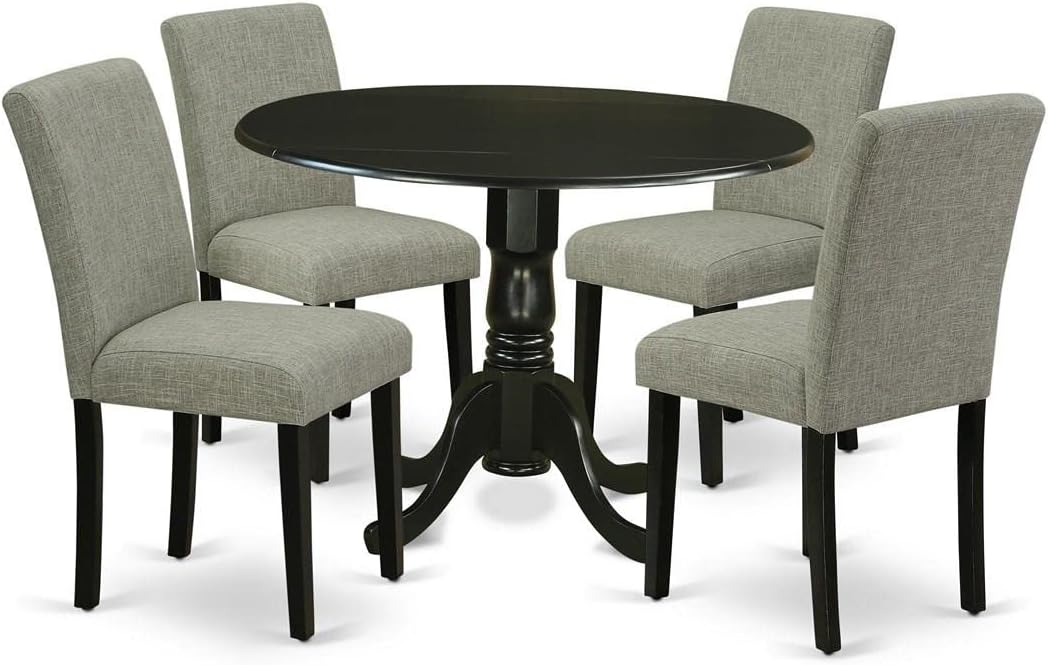 NEW - East West Furniture DLAB5-BLK-06 5 Piece Dinette Set for 4 Includes a Round Dining Room Table with Dropleaf and 4 Shitake Linen Fabric Parsons Dining Chairs, 42x42 Inch, Black - Retail $372