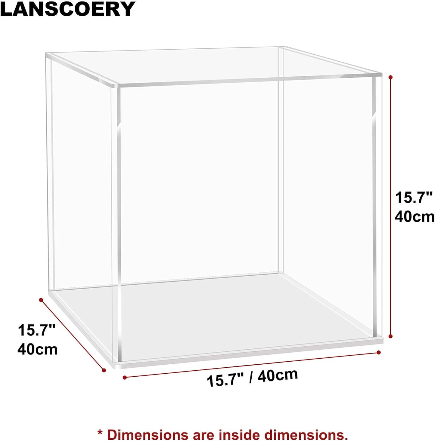 NEW - LANSCOERY Clear Acrylic Display Case, Assemble Cube Display Box Stand with White Base, Dustproof Protection Showcase for Collectibles Memorabilia Figurines (15.7x15.7x15.7inch; 40x40x40cm) - Retail $88