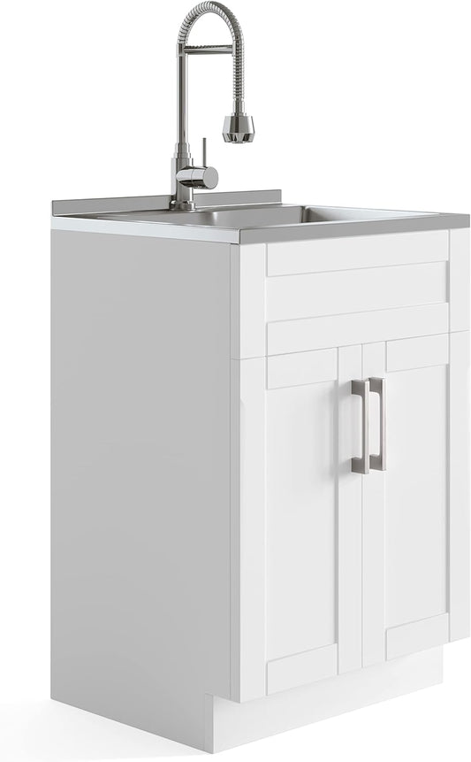 NEW - SIMPLIHOME Hennessy Contemporary 24 Inch Deluxe Laundry Cabinet with Faucet and Stainless Steel Sink in Pure White, For the Laundry Room and Utility Room - Retail $499