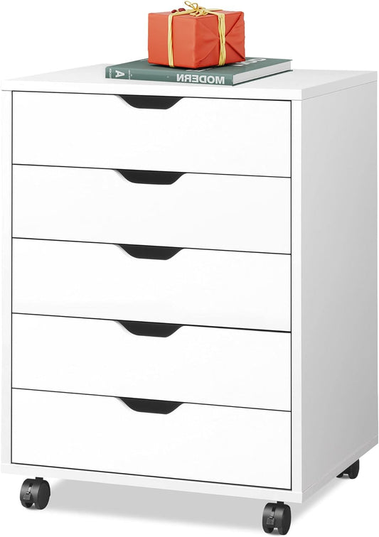 DEVAISE 5-Drawer Chest, Wood Storage File Cabinet with Wheels, White - Retail $99